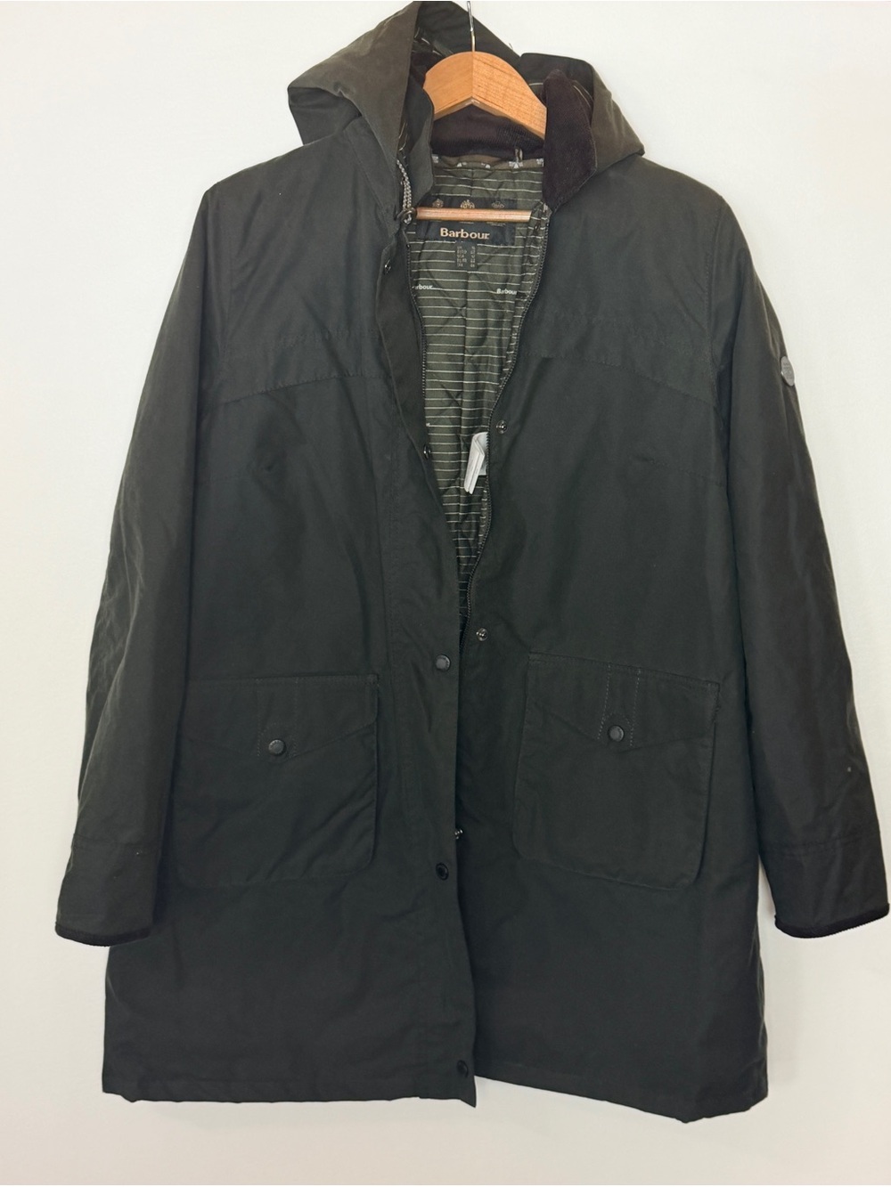 Barbour Sandbanks Sage Green Hooded Waxed Utility Jacket Size 12